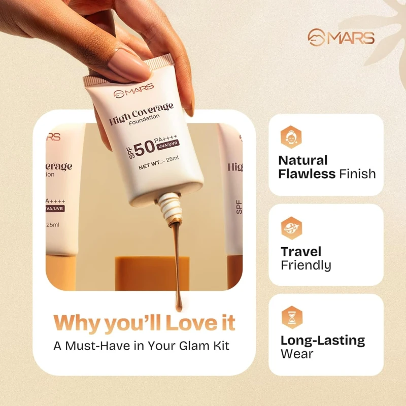 MARS SPF50 PA++++ High Coverage Foundation (25ml) (01-IVORY GLOW) | Blemish Free & Easy to Blend Foundation for Makeup - Thumbnail 6